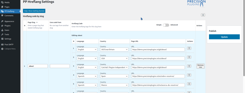 Screenshot of hreflang tags configured for German and variations of English & Spanish.